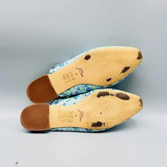 J Crew Shoes Women 8 Blue Green Floral Ruffle Trim Mule Flat Pointed Toe Slip On - Picture 9 of 12